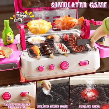 KIZONLY Kids BBQ Grill Playset Toy, 2-Layer Play Kitchen Toddlers Toys with Oven and Smoke, Cooking Toys for Kids Ages 4-8, Light and Sound, Barbecue Outdoor Grill Play Gift Toy for Toddler Girls 3-5