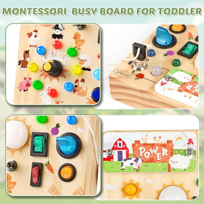 Joyreal Wooden Busy Board with LED Light, Montessori Toddler Toys, Wooden Sensory Board, Toddlers Activity Travel Toys for Boy & Girl Birthday Gift (Farm Theme)