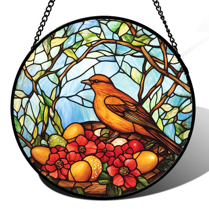 QZQCBLC Stained Glass Window Hanging Birds Build Nests On The Branches 6.3" - Suncatcher Door Garden Sun Catcher Decor Birthday Xmas for Bird Lovers Woman Men Nana Friend
