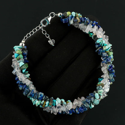CRYSTALIS Natural Turquoise & Lapis Lazuli & Rose Quartz Beads Braided Rope Crystals Bracelet, Chips Nugget Beaded Gemstones, Chakra Healing Stones, Womens Jewelry, 925 Sterling Silver Bracelet 8 inch
