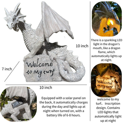 Jy.Cozy Garden Large Dragon Statue Solar Powered Outdoor Figurine Light The Dragonfire Welcome to My Turf Sign Big Resin Sculpture Home Decoration Housewarming Ornament Unique Gift