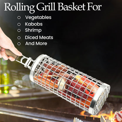 Grill Well 2.0 - Rolling Grill Basket (2 PCs) ideal as Birthday Gift for Dad who has Everything, BBQ Vegetables Grill Baskets, Outdoor Cooking Gadgets, Mens Gifts Ideas, BBQ Smoker Accessories & More