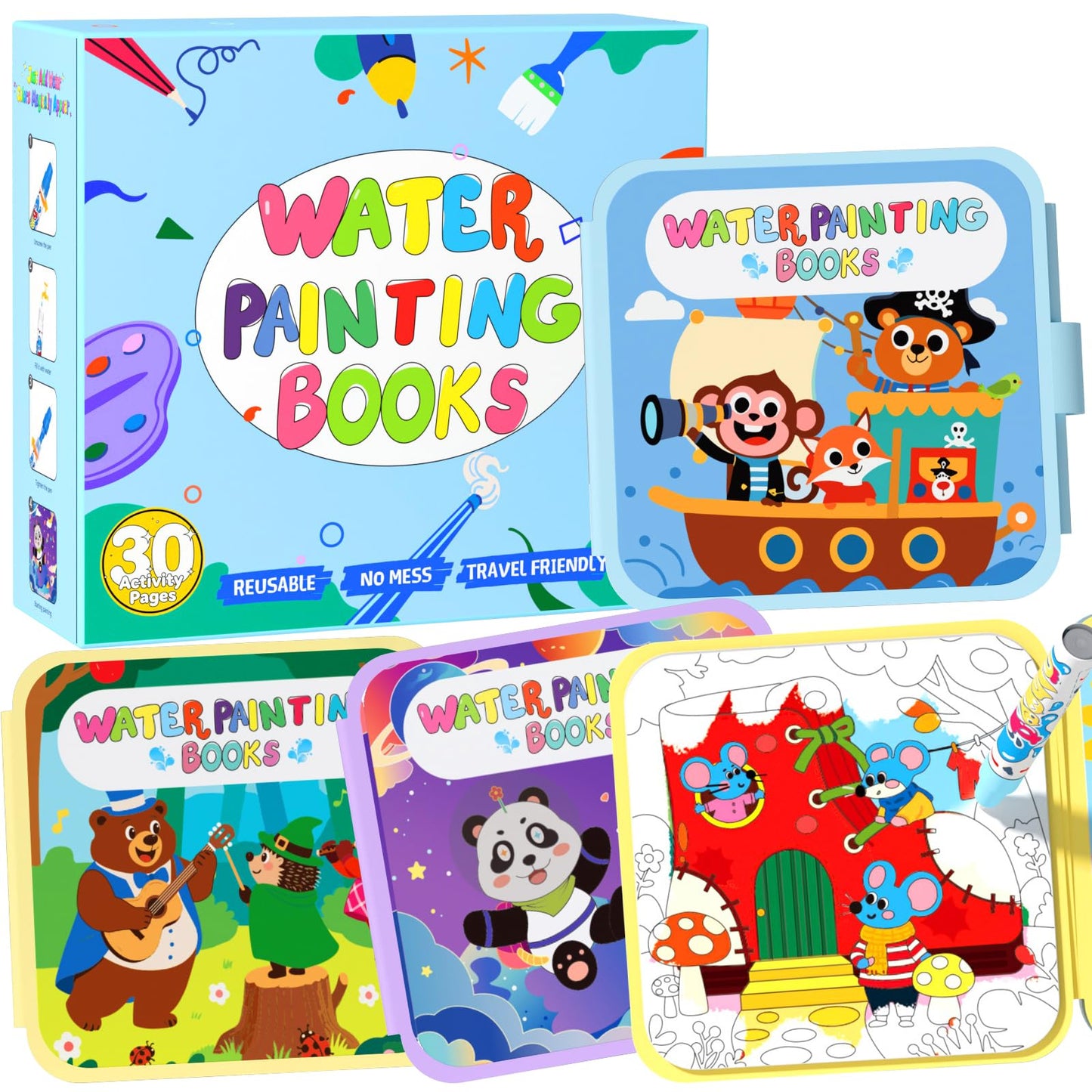 BATHKITS Reusable Water Painting Book for Kids - 3 Pack Magic Water Coloring Books with Water Pens, Fairy Tale, Animal & Space Themes | No Mess Paint, Travel Activity Toy, Gift Box, 30 Pages, Ages 3+