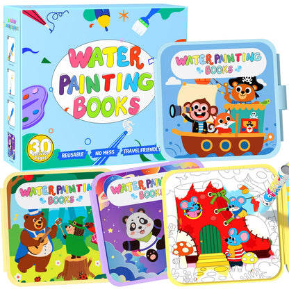 BATHKITS Reusable Water Painting Book for Kids - 3 Pack Magic Water Coloring Books with Water Pens, Fairy Tale, Animal & Space Themes | No Mess Paint, Travel Activity Toy, Gift Box, 30 Pages, Ages 3+