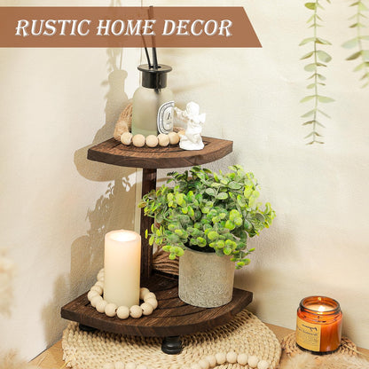 Tikea Decorative Wood Riser for Display, 2-Tier Rustic Corner Shelf for Kitchen Bathroom Counter Decor, Farmhouse Riser for Soap Dispenser and Plant (Brown)