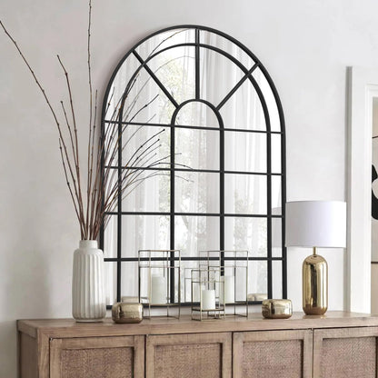 Besdomus Large Arched Window Mirror: 29"x42" Black Classic Farmhouse Wall Mirror - Wall Decor for Fireplace/Entryway/Hallway/Living Room - Ideal for Home Decor Enthusiast