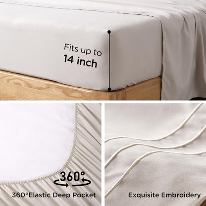 Baskbed Queen Size 4 Piece Sheet Set with Embroidered Pillowcases, Ultra-Soft Microfiber Comfy Breathable & Cooling Bed Sheets, Deep Pocket Fitted Sheets and Hotel Luxury Cozy Flat Sheets, Beige