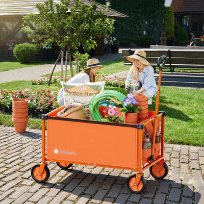 Hombetta Collapsible Wagon Cart with Wheels, 150L Lightweight Foldable Utility Cart, Portable Rolling Wagon for Garden, Shopping, Sports, Camping, Transport, Orange