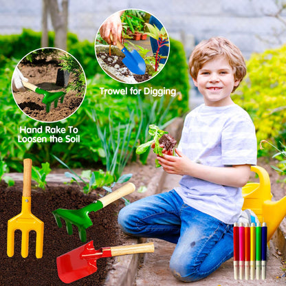 Kids Gardening Tools, Toddler Gardening Set for Kids Includes Rake, Shovel, Trowel, Apron Gloves Watering Can and Tote Bag, Spray Bottle, Kids Garden Tools Best Outdoor Toys Gift for Boys and Girls