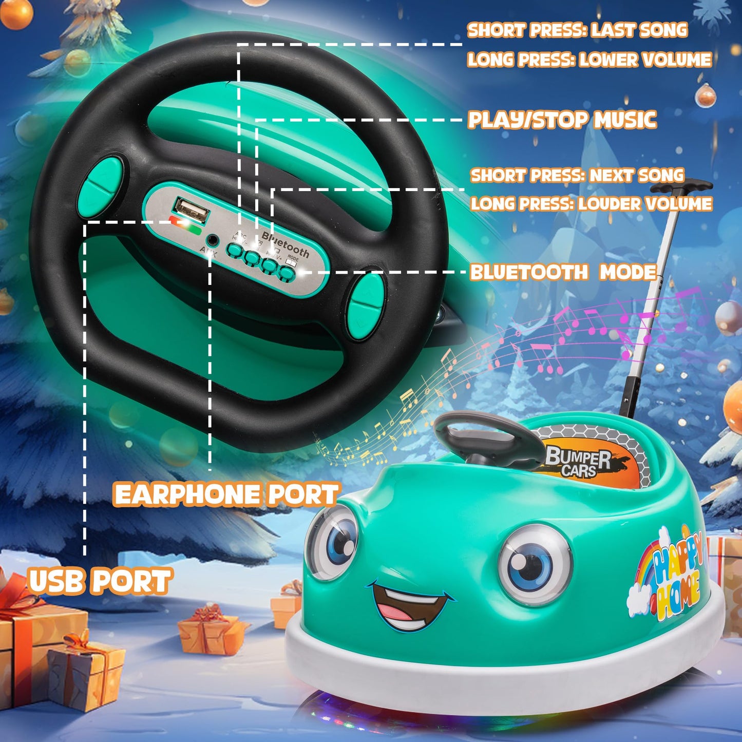 12V Dual Battery Electric Ride on Kids Bumper Car w/Remote Control,360 Degree Spin,Push Rod Rocker Horse Function,3-Speeds Babies & Toddlers Bumping Car Ride on Toy Gift for 1-4 Years Children（Green）