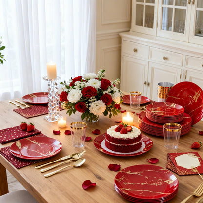 N9R 225PCS Red Gold Plastic Dinnerware Set - Disposable for Mother’s Day, Includes 25 Dinner Plates, 25 Dessert Plates, 25 Forks, 25 Spoons, 25 Knives, 25 Gold Cups, 25 Napkins & Table Cards
