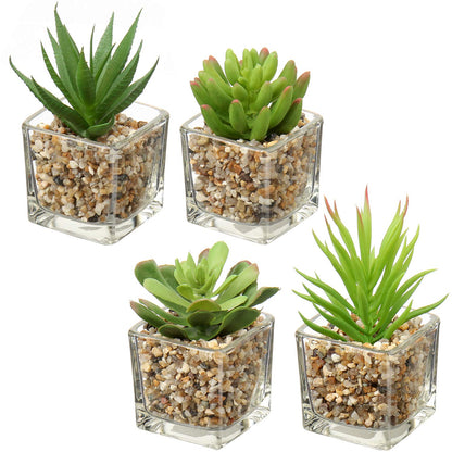 Briful Set of 4 Succulents Plants Artificial in Clear Glass Pots Small Fake Succulents Plants Mini Faux Plants Indoor for Window Sill Office Table Desk Shelf Bathroom Decor