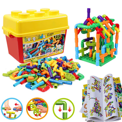 burgkidz STEM Learning Pipe Tube Construction Building Blocks, Sensory Toys with Wheels Baseplate for All Ages Kids Boys Girls, 188 Pcs