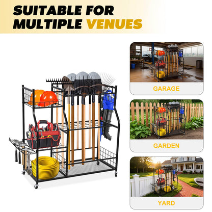 Garden Tool Organizer Rolling Cart Large Capacity Rust-Resistant Metal Tool Cart with Wheels Hooks Garage Shed Yard Outdoor Storage Rack Suitable for Long-Handled Tools/Rakes/Shovels