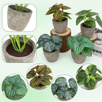 Woration 4Pcs Artificial Plants Potted Small Fake Tropical Faux Greenery Leaves Indoor for Office Desk Shelf Bathroom Home Decorations
