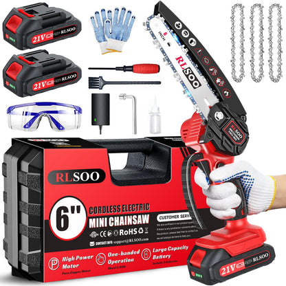 Mini Chainsaw Cordless, 6 Inch Handheld Chain Saw Battery Powered with 2 Rechargeable Batteries and 3 Chains, Portable Small Electric Tree Trimmer for Wood Cutting, Pruning, Courtyard and Household