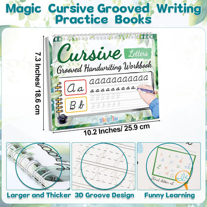 gisgfim Grooved Cursive Handwriting Workbook Magic Reusable Grooved Cursive Handwriting Practice Guided Tracing with Disappearing Ink Pens for Beginners Kids Learning Activities Supplies (Letters)