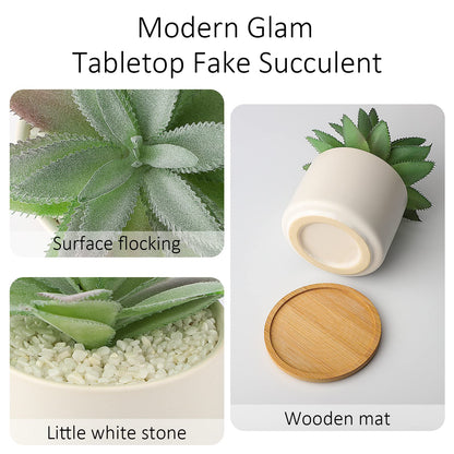 Hopewood Succulent Plants Artificial - Faux Agave Succulent Plant in Ceramic Pots with Bamboo Tray for Office Desk Living Room Decor(5.9inch)