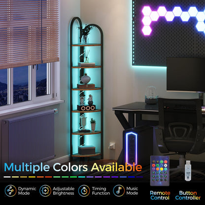 MAHANCRIS 6 Tier Corner Shelf with LED Light, 74.6'' Tall Corner Bookshelf Stand, Narrow Display Bookcase with Storage Rack for Wall Corner, Living Room, Bedroom, Small Spaces, Rustic Brown CSHR66101