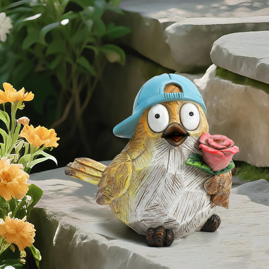 Wiresusan Garden Bird Statue for Decorations Outdoor Animal Figurines Little Bird Holding Flowers Sculpture Birds Figurines for Garden Yard Porch Patio Lawn Outside Home Decor Gift for Woman