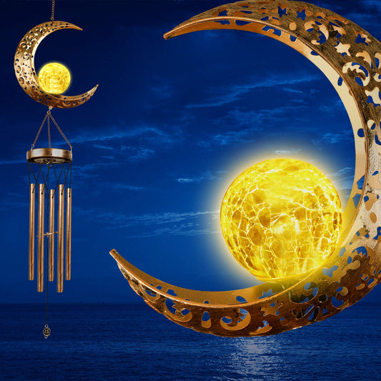 DesGully Solar Wind Chimes, Sun Wind Chime Outdoor Clearance w/Glowing Crackle Glass LED Unique Wind Bells for Outside Waterproof Chimes, Gifts for Her/Him (42" Long Metal Chimes)…