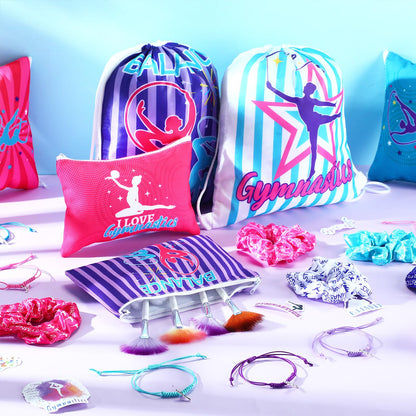 Abbylike 49 Pcs Gymnastics Party Favor Set 12 Makeup Bag 12 Bracelet 12 Drawstring Backpack 12 Hair Ties 1 Set Gymnastic Stickers for Women Girl Gym Sport Yoga