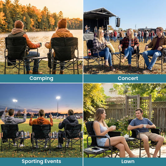 FUNDANGO Oversized Folding Chairs for Outside, Fully Padded Camping Director Chair for Adults, Support 450lbs Portable lawn chairs with Side Table, Side Pockets for outdoor Camp, Picnic, Lawn, Concert