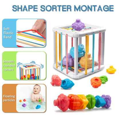6 in1 Montessori Baby Toys 6-12 Months，Montessori Toy for Babies 6-12 Months，Incl 12pc Building Blocks &Silicone Pull String & Sensory Cube & Manhattan Ball& 2 Stacking Toys. Baby Development Toys