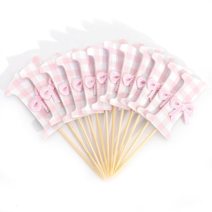 12Pcs Bow 1st Birthday Cupcake Toppers - Sweet One Birthday Decorations,First Wedding Anniversary Bowknot Cupcake Toppers,Pink Bow Cake Smash Photo Props,Coquette Party Table Centerpieces