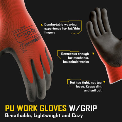 COOLJOB 12/60 Pairs Safety Work Gloves Pack Bulk with Grip PU Coating, 13 Gauge Seamless Knit Gloves with Polyurethane Dipped for Warehouse Working, Breathable Lightweight for Men Women, Red Large