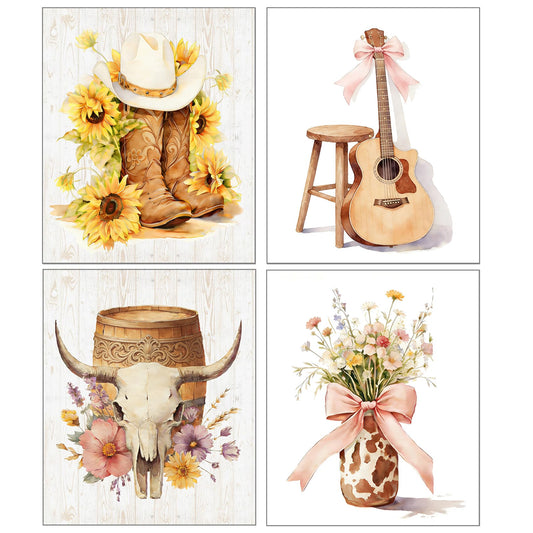 Qykwz 4 Pcs Vintage Western Country Diamond Painting Kits for Adults, Rustic Cowboy Boots Bull Skull Flower Diamond Art Kits, DIY Full Drill Gem Art Kit for Home Wall Decor,10x11.8 Inch