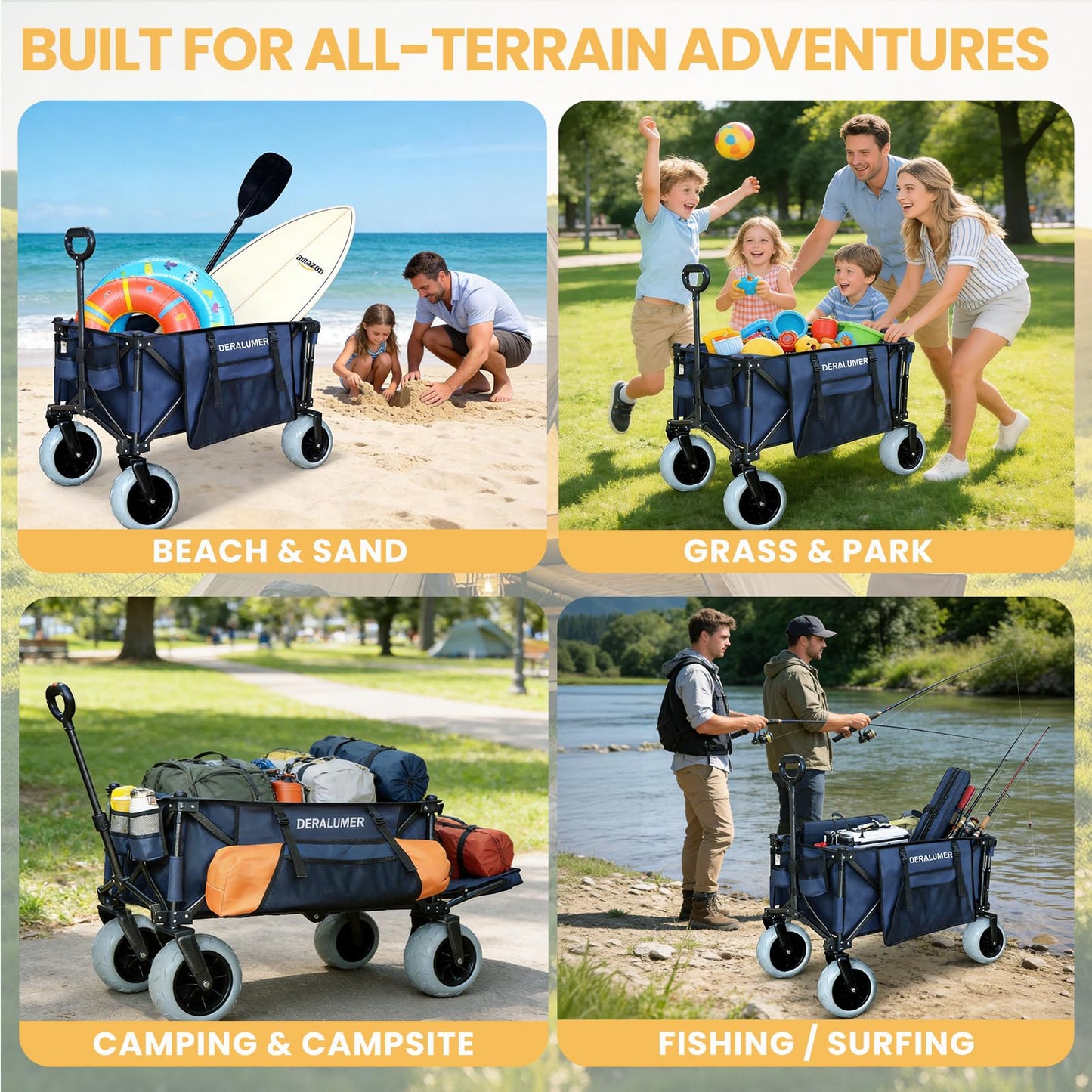 Deralumer X900 Beach Wagon for Sand with 9"×4" Big Wheels, Extra Large Heavy Duty Folding Wagon with Expandable Tailgate & Side Bag, All Terrain Collapsible Utility Cart (X900 9×4" PU Wheels)