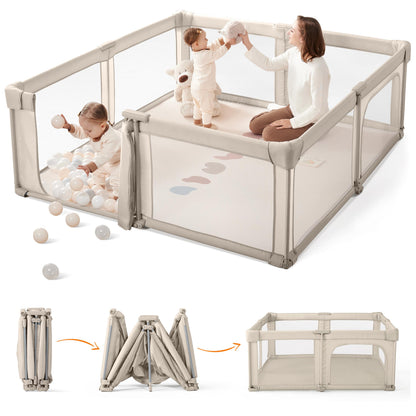 Sweeby Baby Playpen, 59x59 Inch Gate Foldable for Babies and Toddlers, Extra Large with Door Play Yard for Fence Indoor and Outdoor, Light Khaki