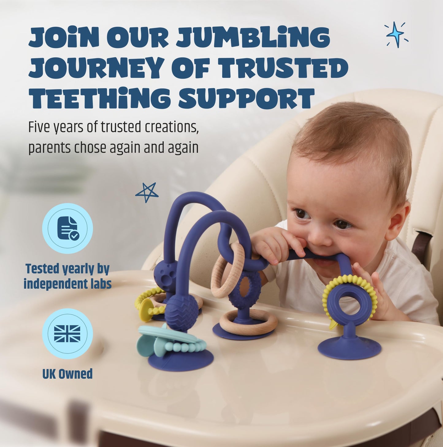 Jumble Jangle Baby Teething Toys – BPA-Free, Multi Purpose High Chair Toys & Sensory Toys for Kids with Autism: Suction Teething Relief with Sensory Toy Textures for Infants and Toddlers (Light Blue)
