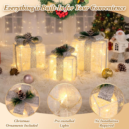 Towponics Set of 3 Christmas Lighted Gift Boxes with Plug, Indoor Outdoor Christmas Decorations with 60 LED Warm White Mini String Lights, Present Boxes with Silver Tinsel for Xmas Tree Porch Decor