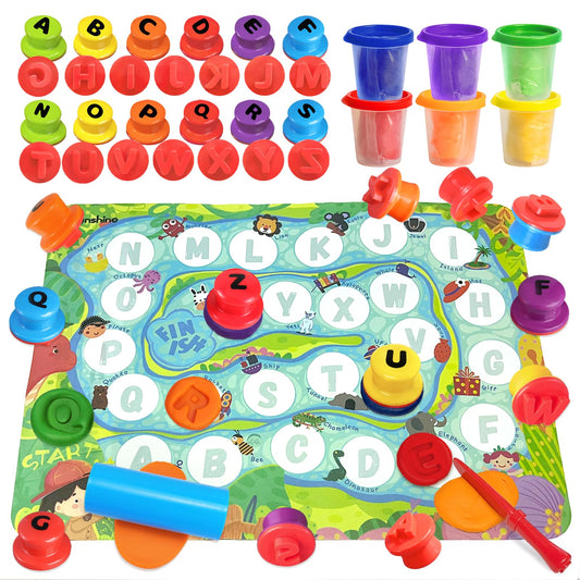 Crelloci Alphabet Stamp Play Color Dough Kit for Kids, Educational Arts & Crafts Set with 26 Letter Stamps, 6 Color Dough Pots, Tools & Mat, Preschool Montessori Learning Toy for Kids Ages 3+