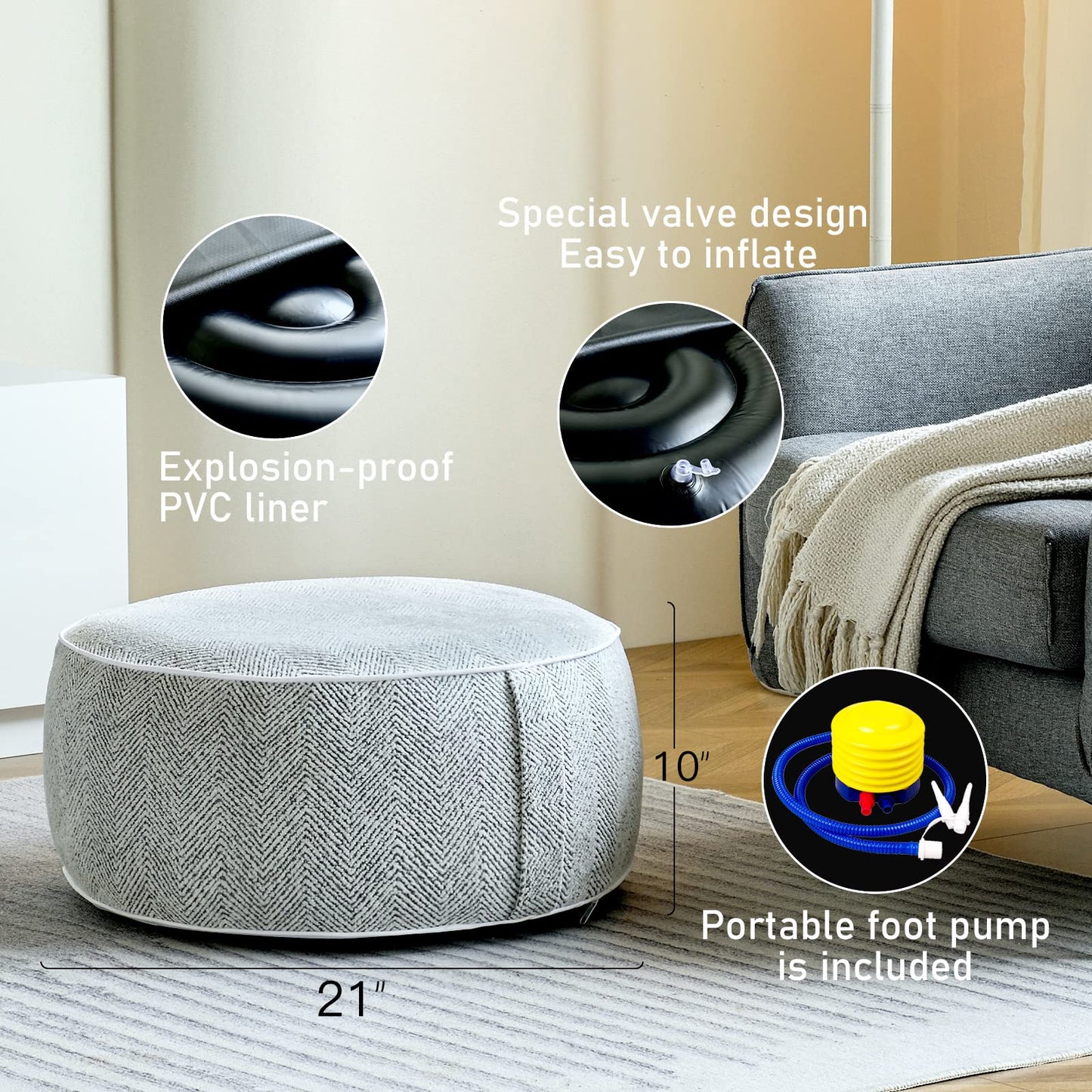 weruisi Inflatable Pouf Ottoman, 21x10 Inches Stuffed Chenille Ottoman with Inflatable PVC Liner, Foot Rest with Portable Handle, Round Floor Pillow for Living Room, Bedroom, Kids Room
