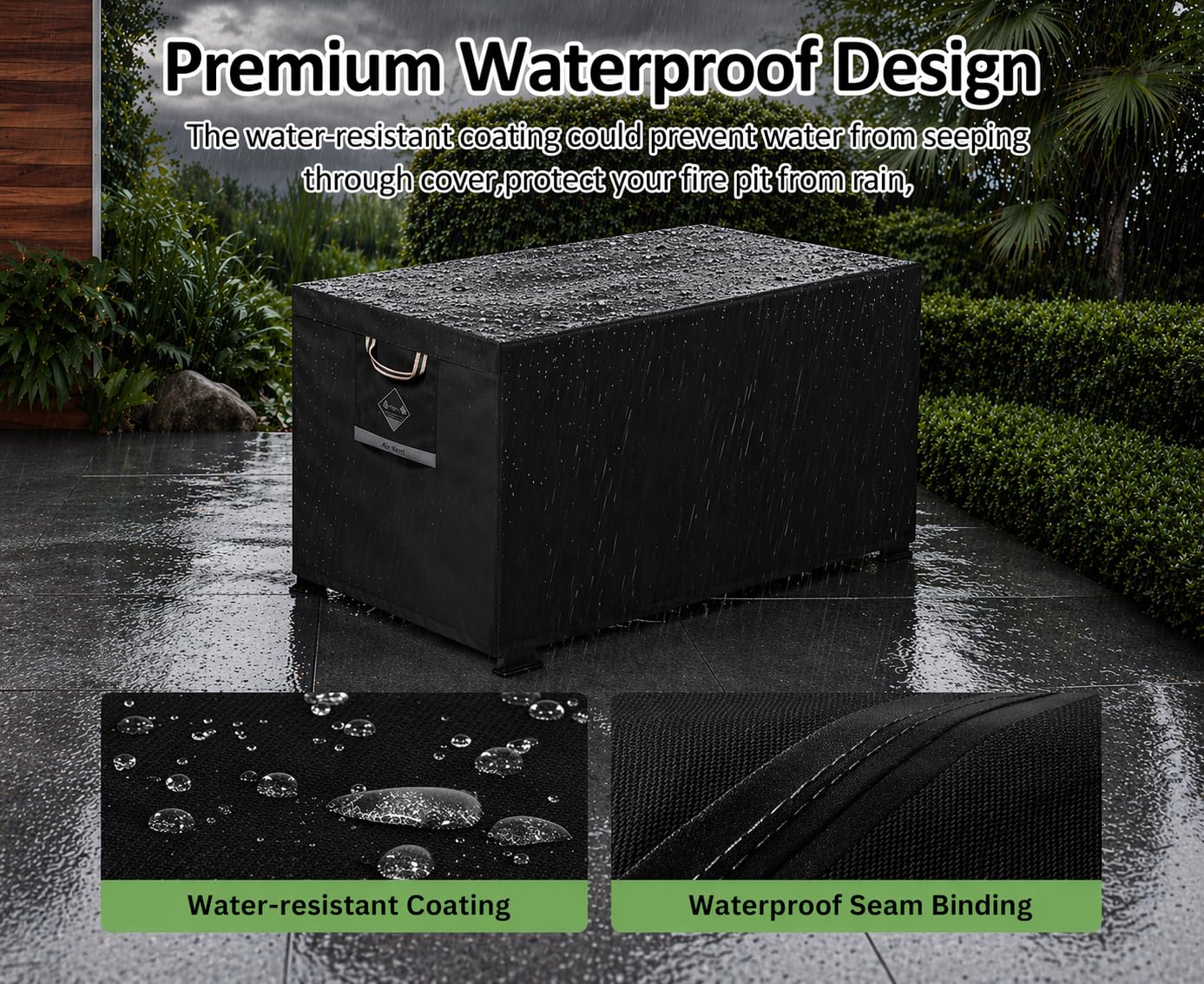 QH.HOME Fire Pit Cover Rectangular Super Waterproof 44" L x 28" W x 24" H, UPF 50+ Outdoor Fire Pit Table Cover 600D Strong Tear Resistant and Fading Resistant for Rectangular Fire Pit - Black