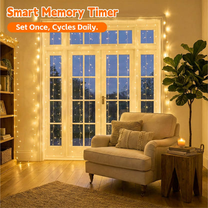 SINAMER Curtain Light for Bedroom, 200LED 6.6x6.6ft Warm White Window Wall Hanging Fairy Curtain String Light, 8 Modes Remote Fairy String Lights Indoor for Wedding Party Home Garden Decorations