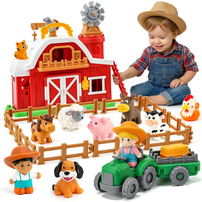 Toddler Farm Toys for 2 3 Year Old-All-in-One Barn Toy Set with Farm Animal Figures for Toddlers,Tractor&Fence,Educational Montessori-style Play Sets with Light&Sounds,Pretend Play Gift for Boys Girls