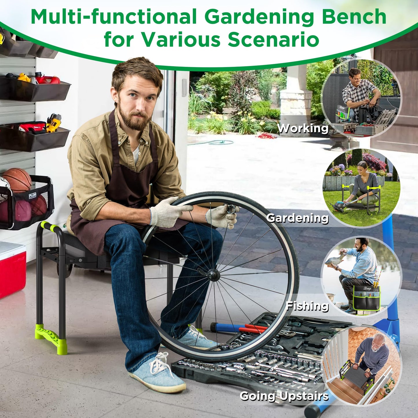 LOENIY 10.8” Wide Garden Kneeler and Seat, Heavy Duty Foldable Gardening Stool with Tool Belt Pouch, Included Thickened Kneeling Pad, Portable Gardening Bench Chair for Seniors & Parents
