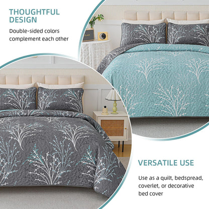 DJY Full Size Quilt Set Grey Blue Reversible Bedspread Coverlet Set 3 Piece, Branch Floral Lightweight Microfiber Botanical Quilted Bedding Set with Pillowcases for All Season (78''x90'')