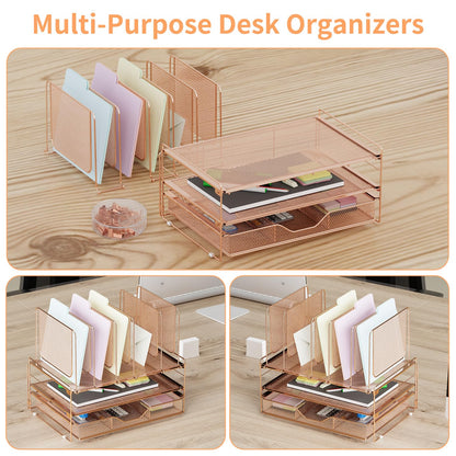 LEKETREE Rose Gold Desk Organizer, Office Organization with Vertical File Holder, File Organizer with Drawer and Office Supplies, Desk Accessories and Workspace Organizers (Rose Gold)