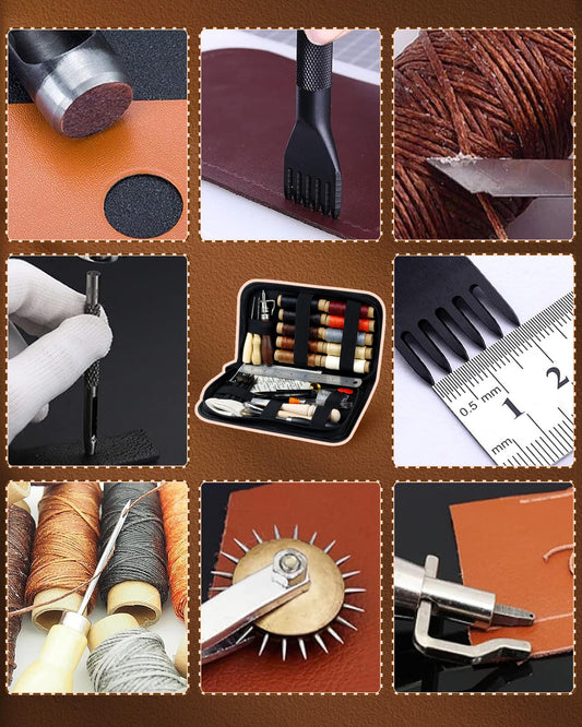 PLANTIONAL Leather Working Tools for Beginners: Professional Leather Craft Kit with Waxed Thread Groover Awl Stitching Punch for Leathercraft Adults Gifts 02