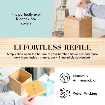 JUSK Design Tissue Box Holder - Modern, Minimalist, Durable Wooden Bamboo Box with Sliding Bottom, Easy-Refill - Premium-Quality Bamboo Cover, Square