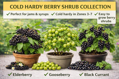 Cold Hardy Fruit Berry Shrub Collection – Live Elderberry, Gooseberry & Black Currant Plants for Home Gardens