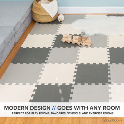 Play Platoon Non-Toxic Foam Puzzle Floor Mat, Comfortable, Extra Thick, Cushiony Play Mat for Toddlers, Kids & Adults, 36 Tiles (12"x12"), Square, Grey/Cream/Charcoal