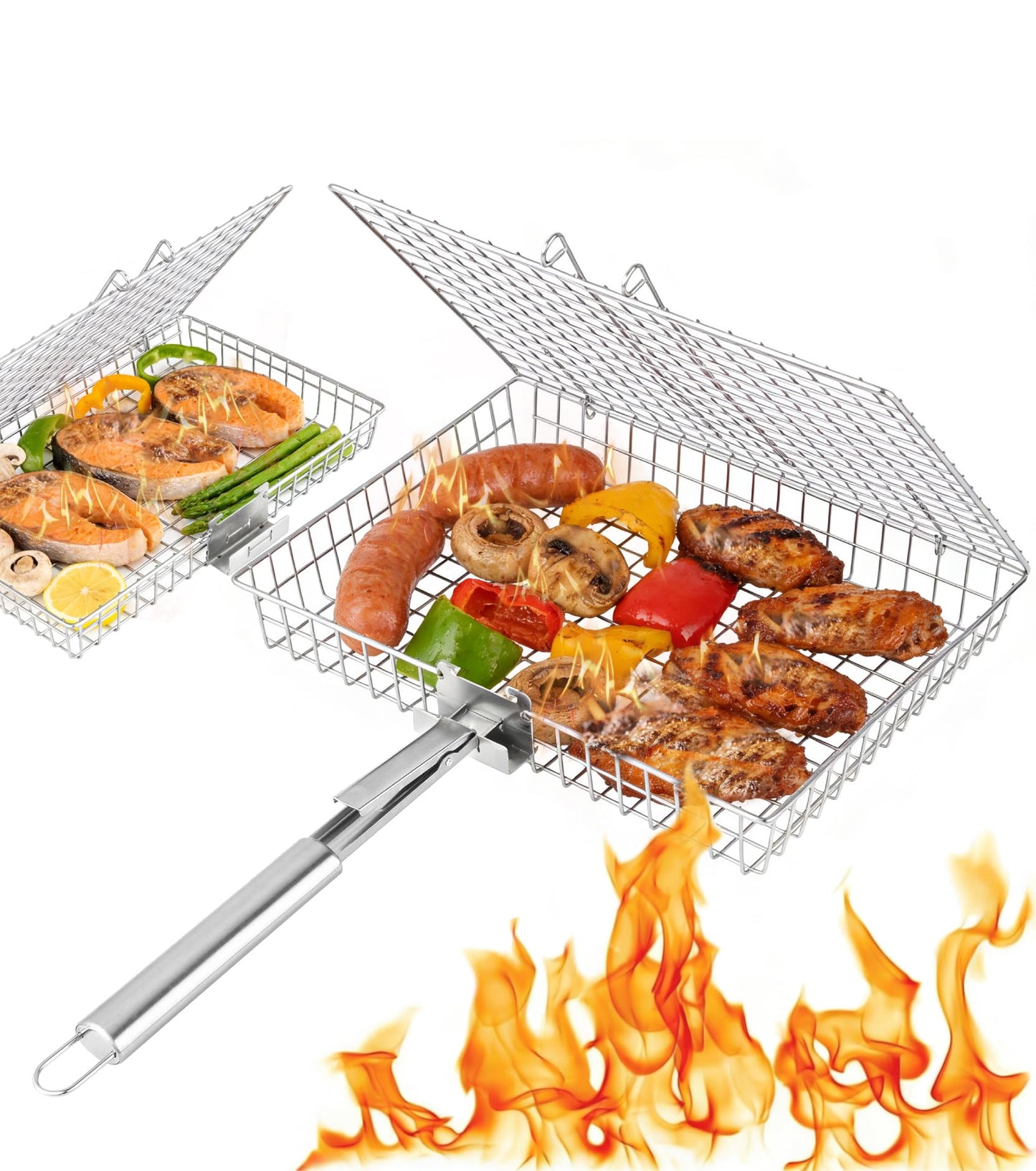 Grill Basket Set for Outdoor Grilling - Large Capacity Fish Grill Basket & Grilling Rack - Food Grade Stainless Steel Portable Flat Basket with Removable Handle for Vegetables, Shrimp & Camping (M+S)