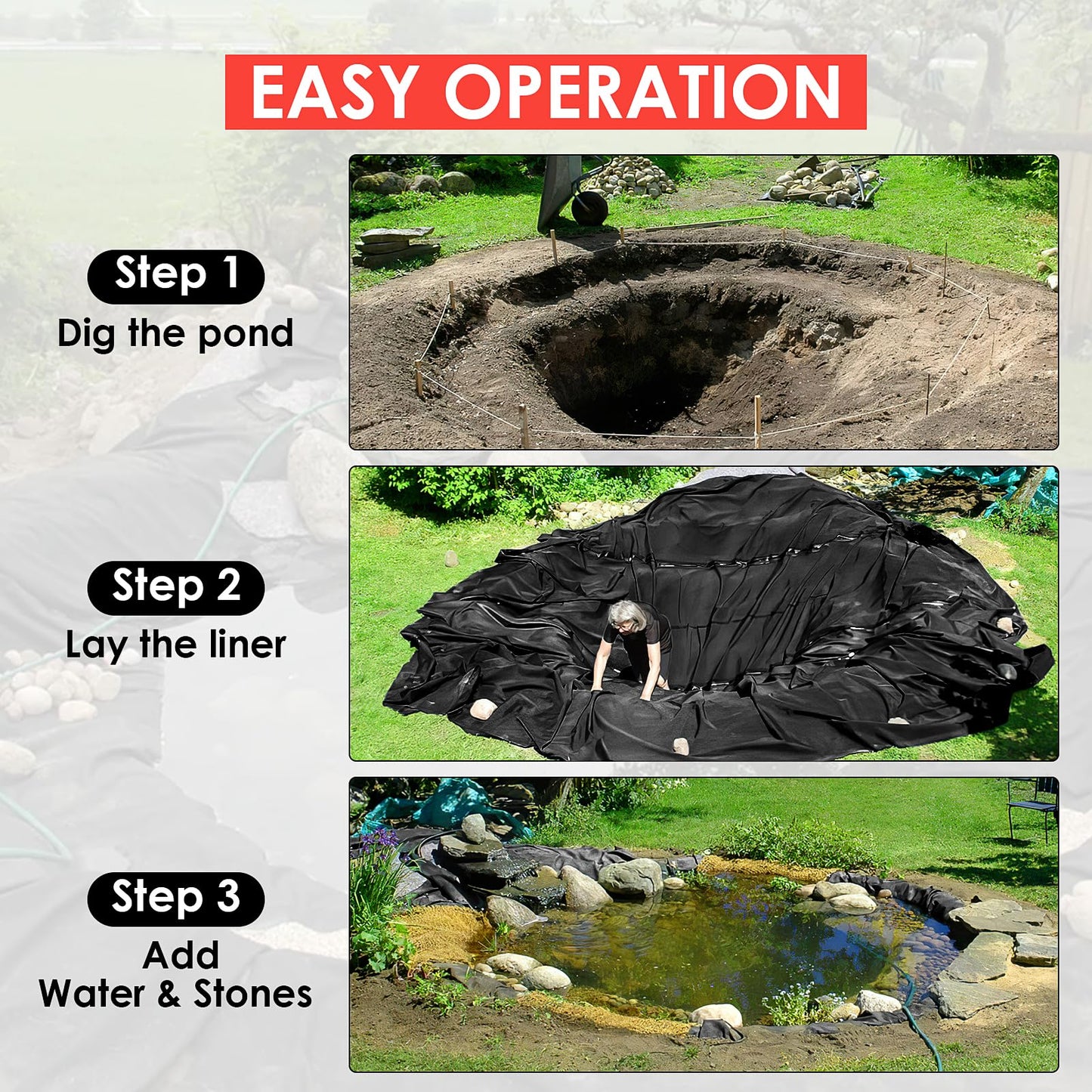 GarveeLife 10x15 ft Pond Liner, 45 Mil Thickness, Pliable & Durable EPDM Material, Easy Cutting & UV Resistant, for Fish or Koi, Features, Waterfall Base, Fountains and Water Gardens