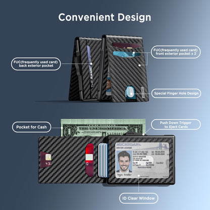 umoven Wallet for Men - Pop Up Case, Cash Slot, and Credit Card Slot - Slim Aluminum Wallet with RFID Blocking, Minimalist Leather Wallet Front Pocket with ID Window (Carbon Fiber)